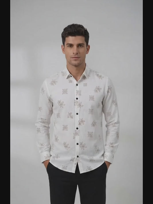 Red Fab Men's White Floral Motif Printed Casual Shirt