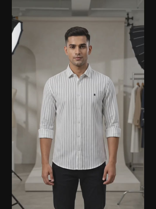 Red Fab Men's White Vertical Striped Long Sleeve Casual Shirt