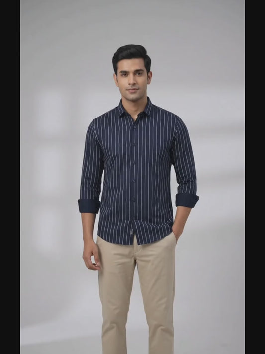 Red Fab Men's Navy Blue Vertical Striped Casual Shirt