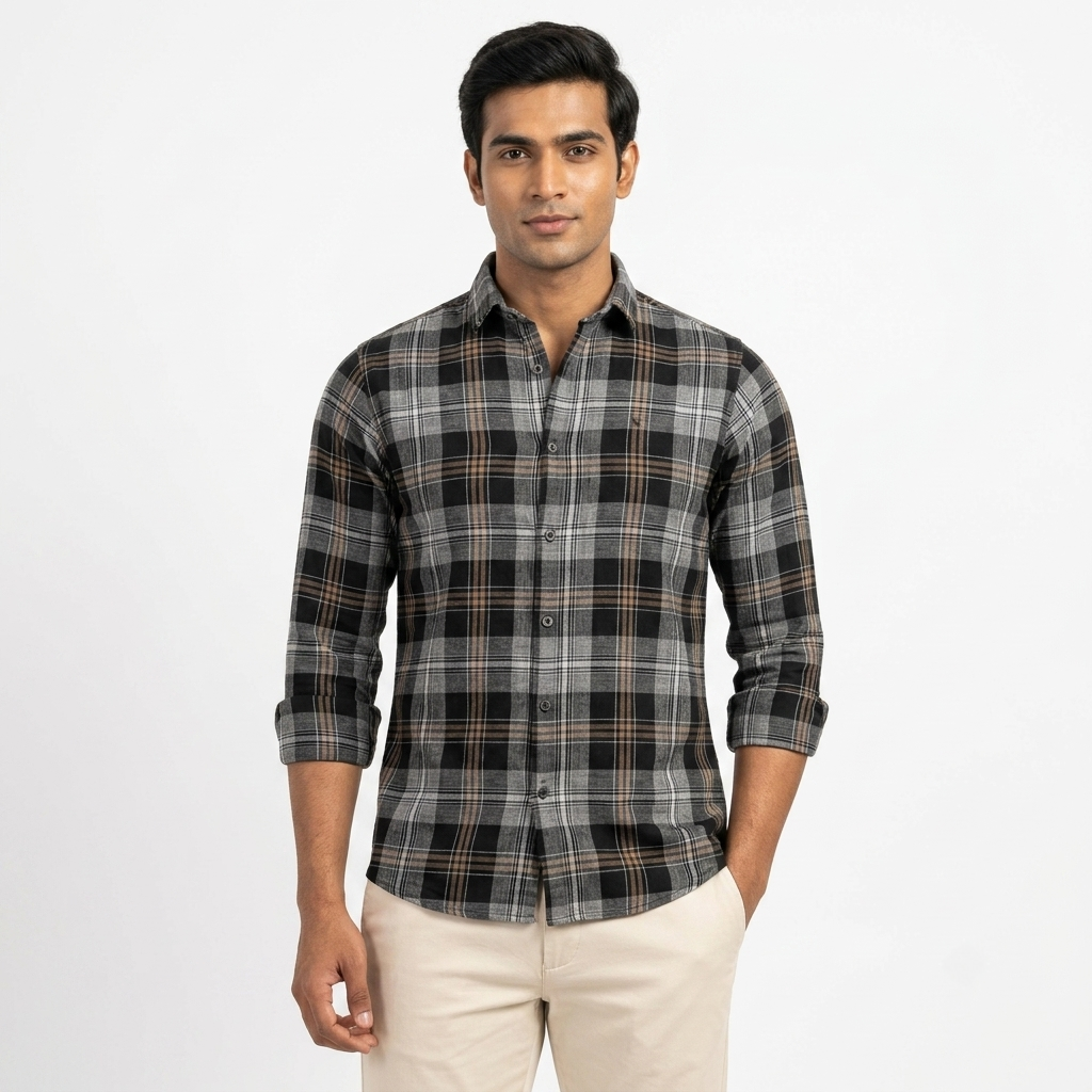 Red Fab Men's Black And Grey Checkered Casual Shirt