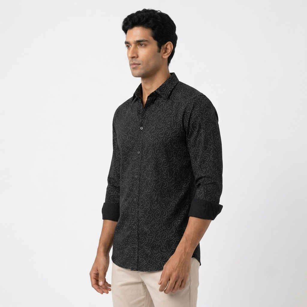 Red Fab Men's Black Printed Casual Button-Down Shirt