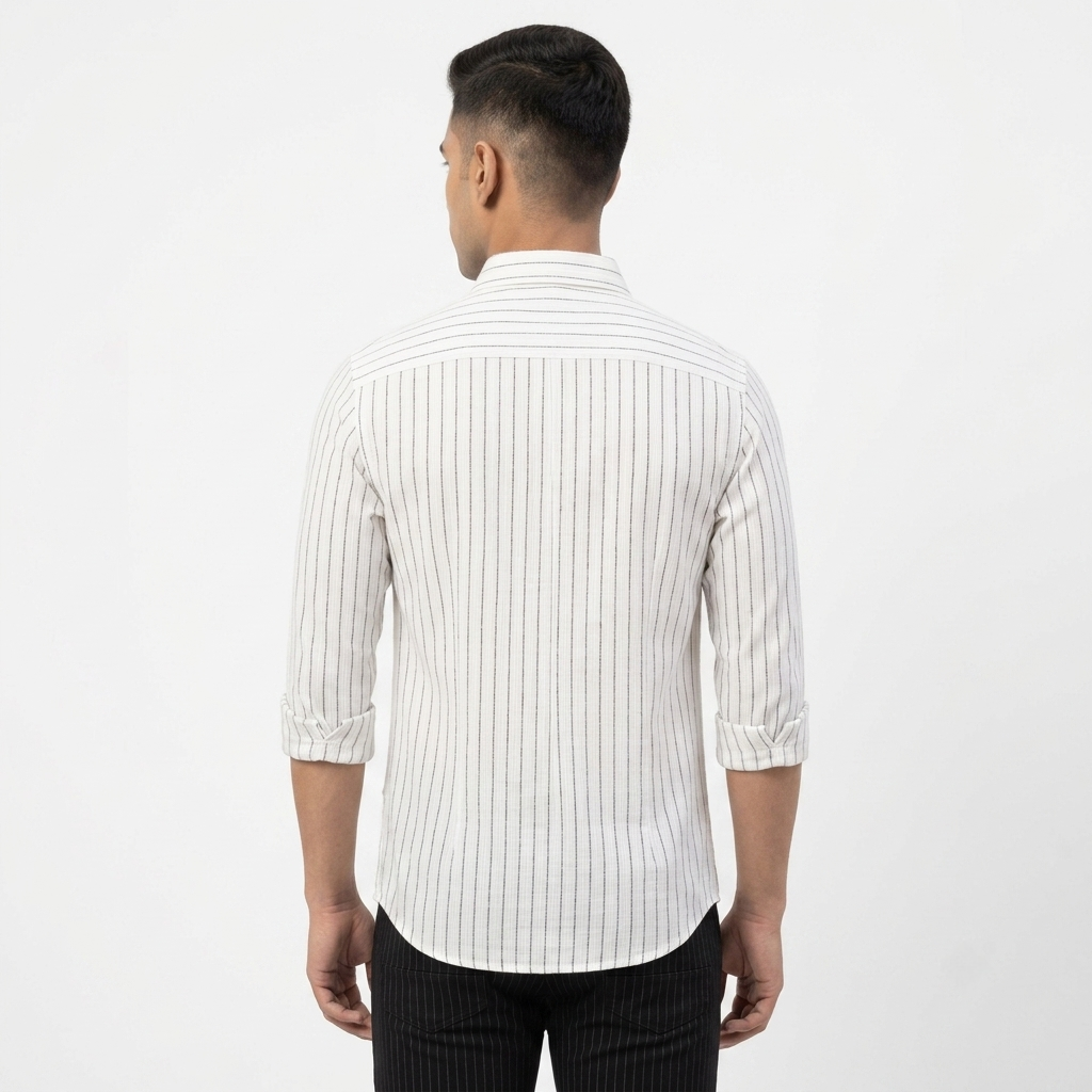 Red Fab Men's White Vertical Striped Long Sleeve Casual Shirt