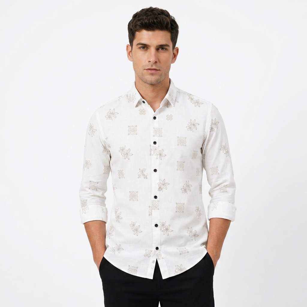 Red Fab Men's White Floral Motif Printed Casual Shirt