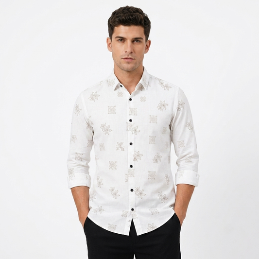 Red Fab Men's White Floral Motif Printed Casual Shirt