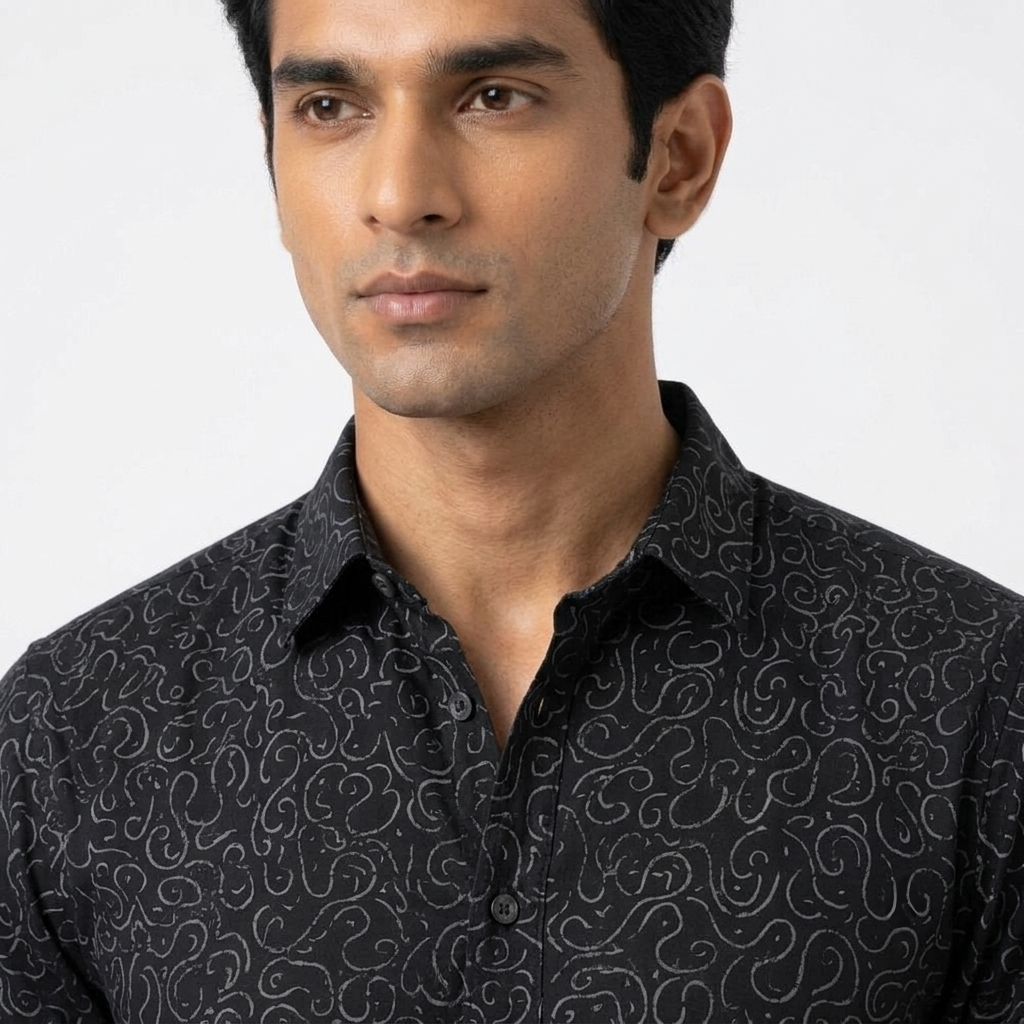 Red Fab Men's Black Printed Casual Button-Down Shirt