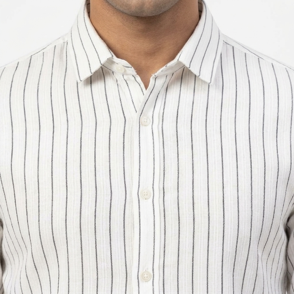 Red Fab Men's White Vertical Striped Long Sleeve Casual Shirt