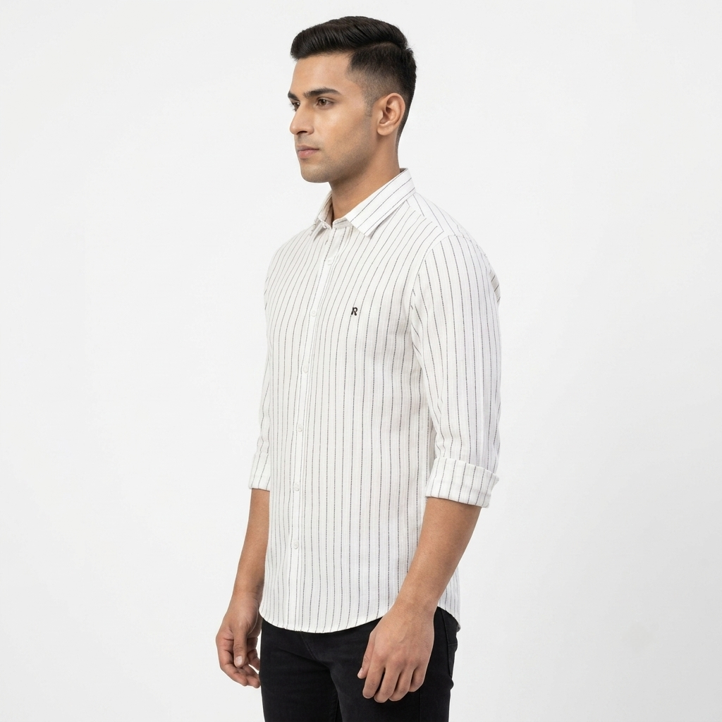 Red Fab Men's White Vertical Striped Long Sleeve Casual Shirt