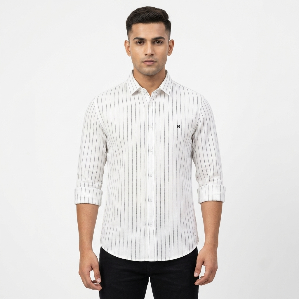 Red Fab Men's White Vertical Striped Long Sleeve Casual Shirt