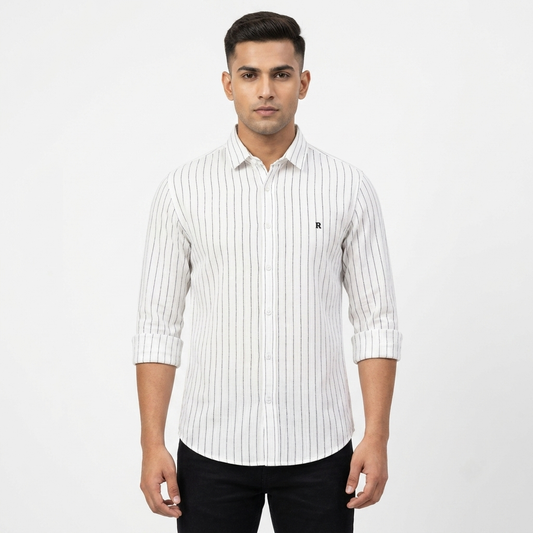 Red Fab Men's White Vertical Striped Long Sleeve Casual Shirt