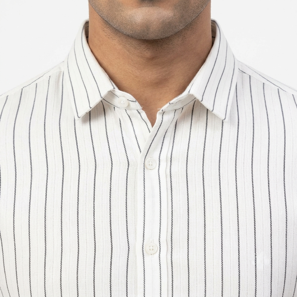 Red Fab Men's White Vertical Striped Long Sleeve Casual Shirt