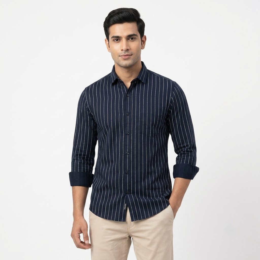 Red Fab Men's Navy Blue Vertical Striped Casual Shirt