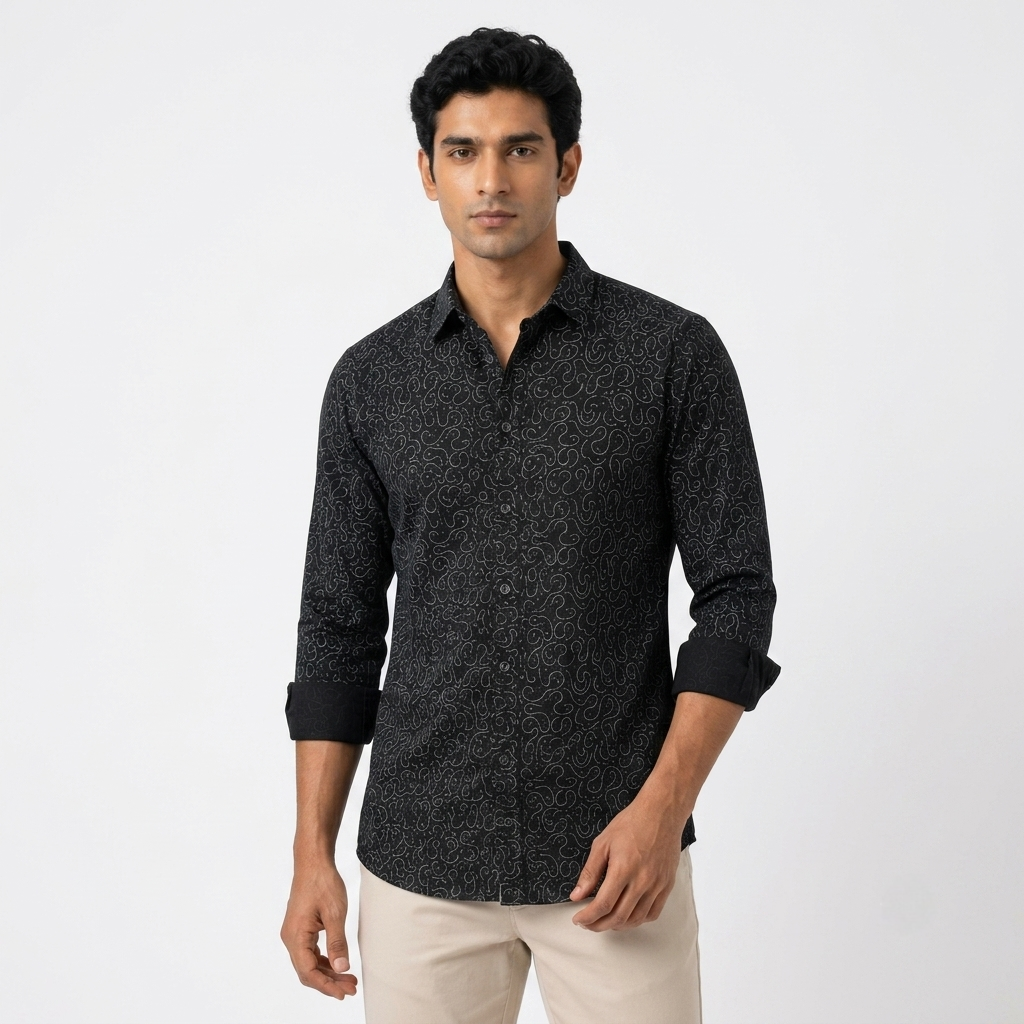Red Fab Men's Black Printed Casual Button-Down Shirt